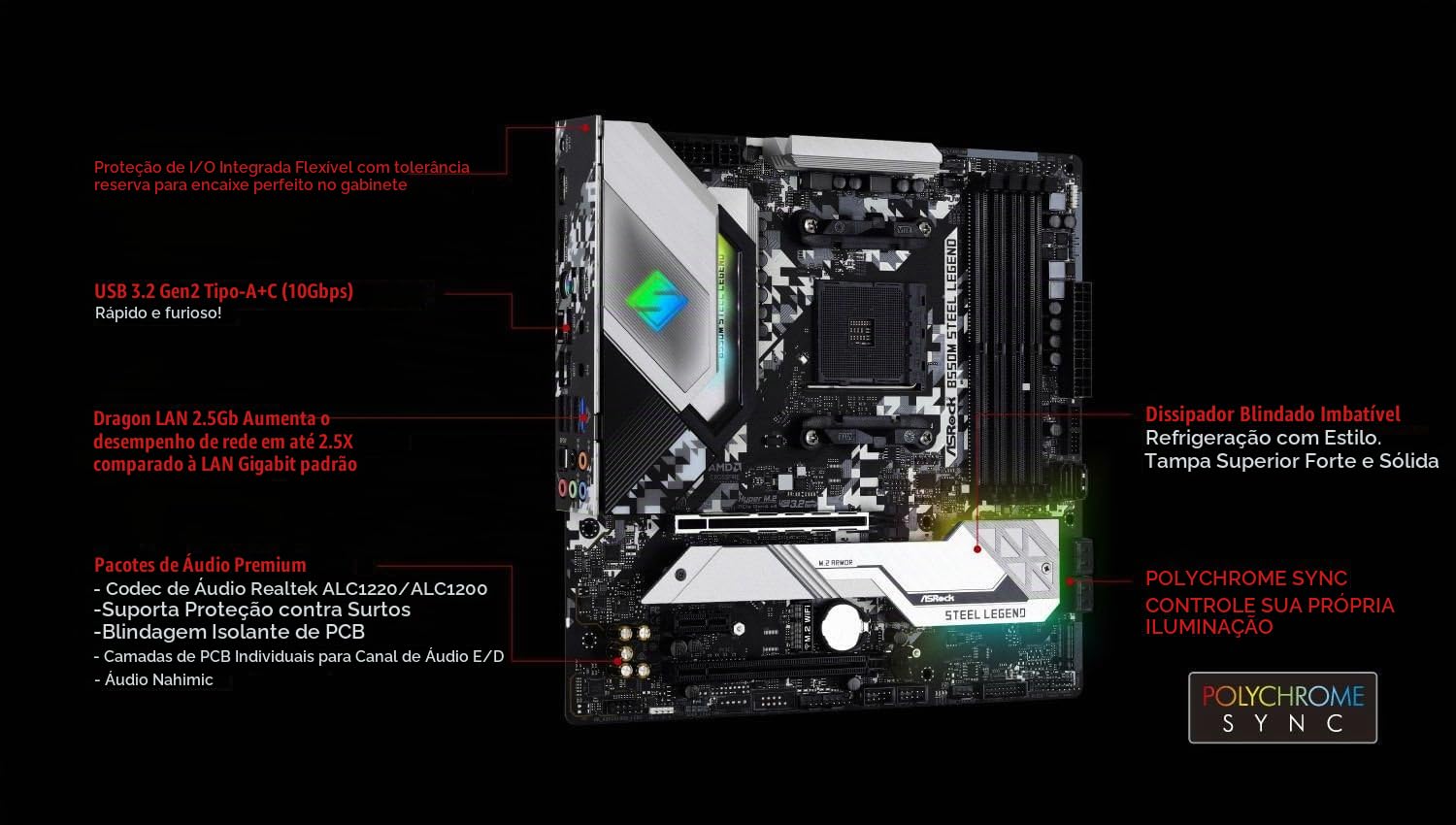 Placa mãe ASRock B550M Steel Legend Suporta 3ª geração AMD AM4